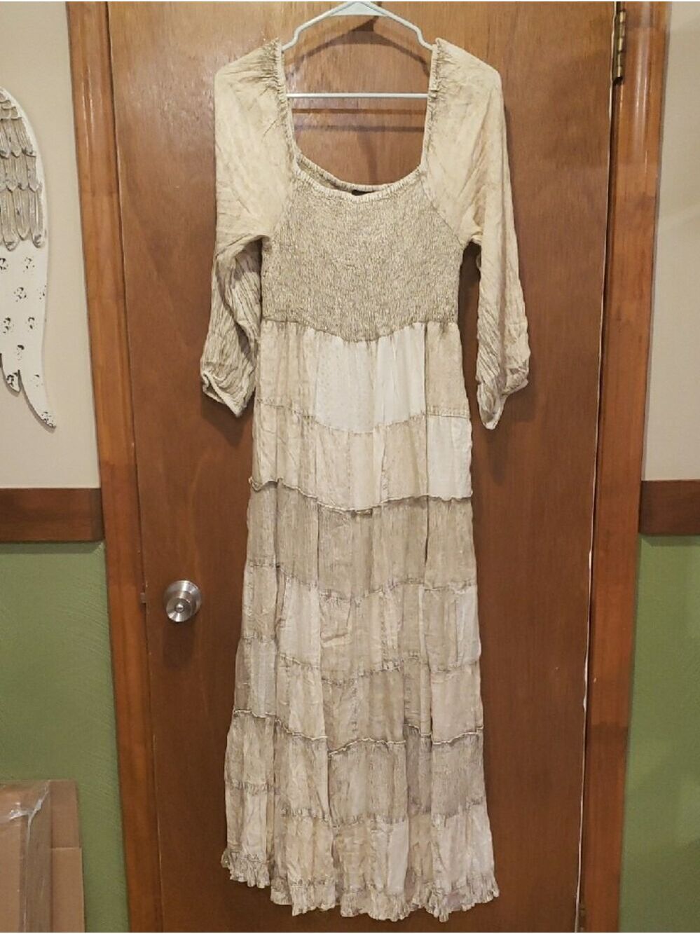 NWT Beautiful Cotton Boho Tiered Long Sleeve Midi Dress in Cream/Latte - Picture 2 of 7